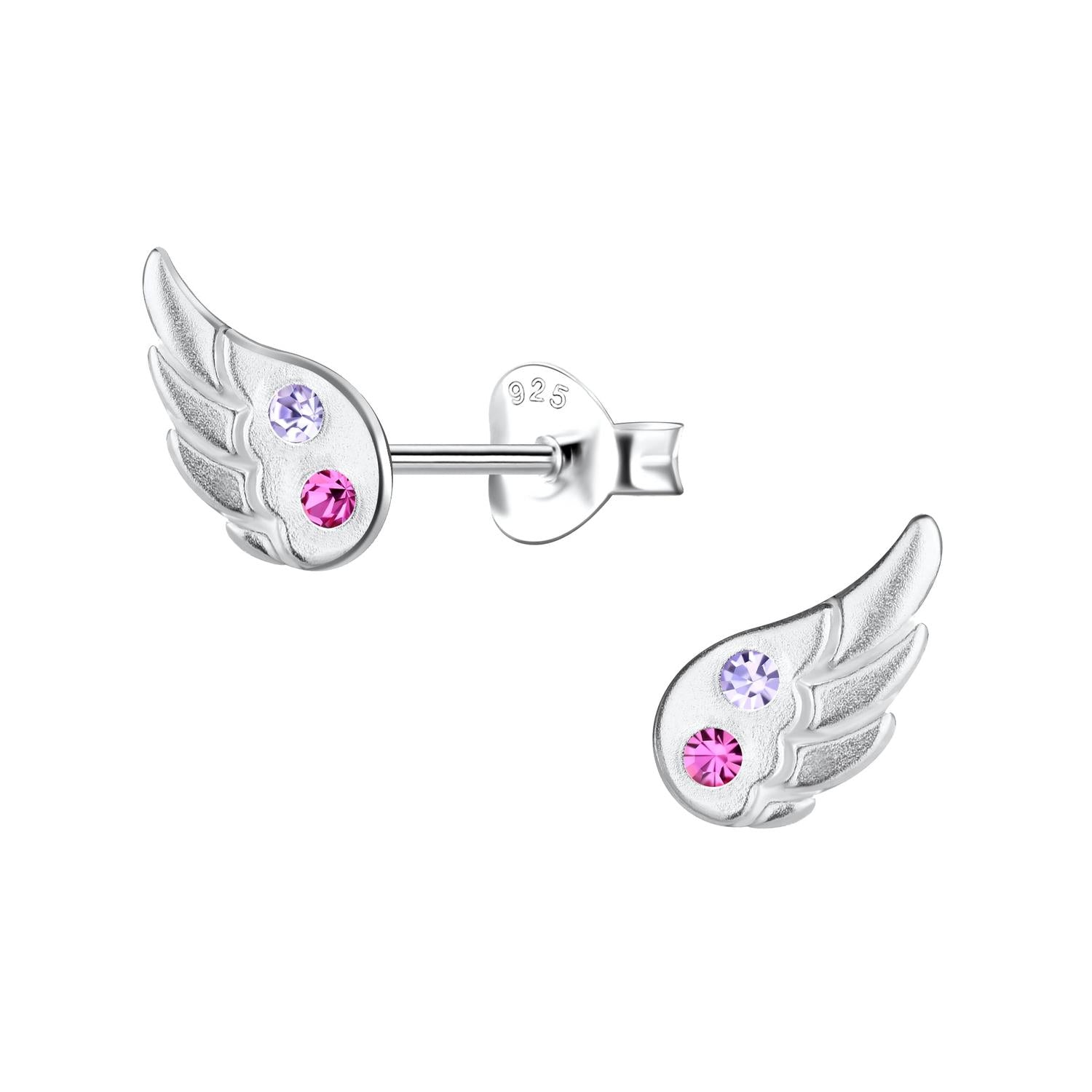 Sterling silver Silver Angel Wing Crystal Stud Earrings with pink and purple crystals for children