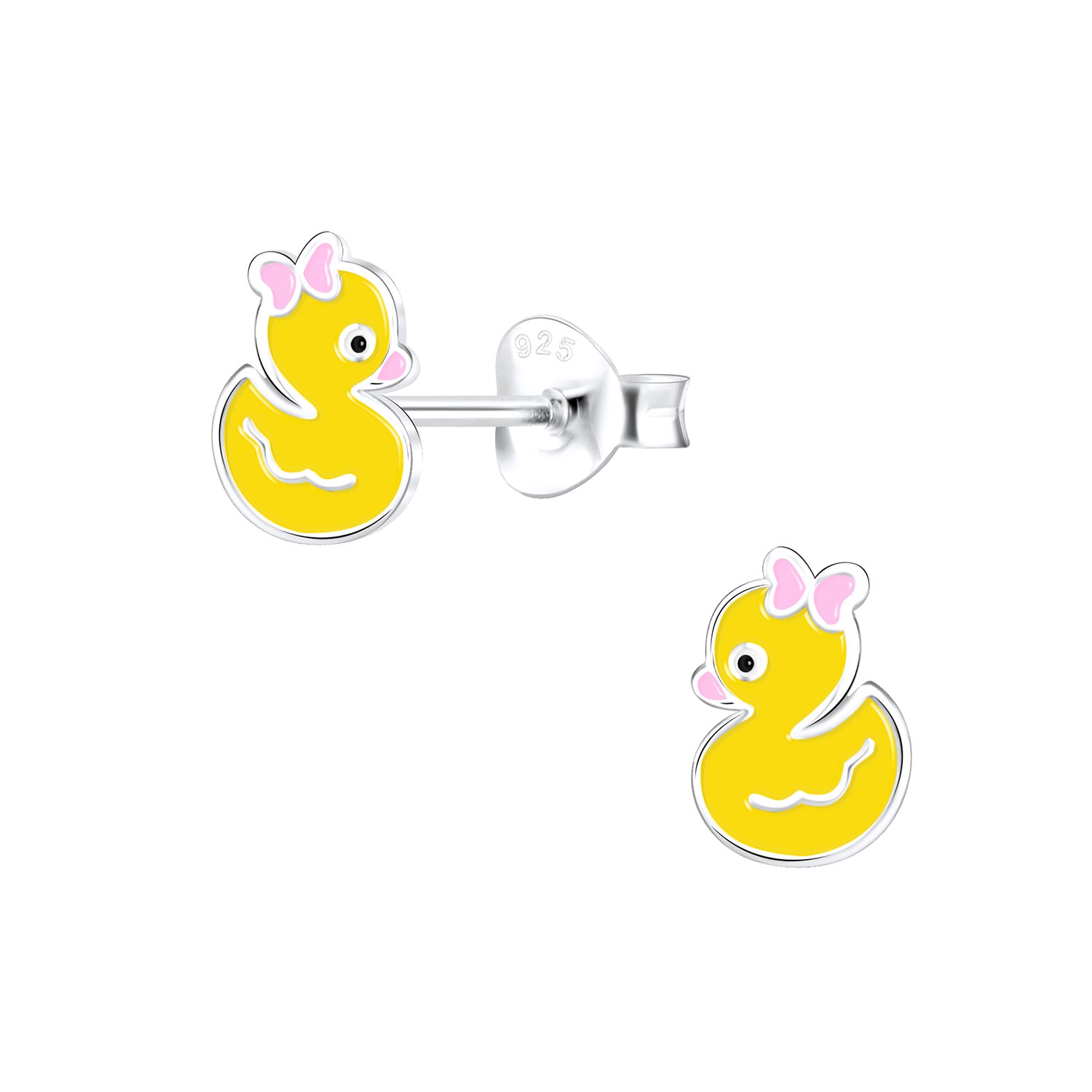 Melchior Jewellery sterling silver girls duck studs in yellow with pink bow for children