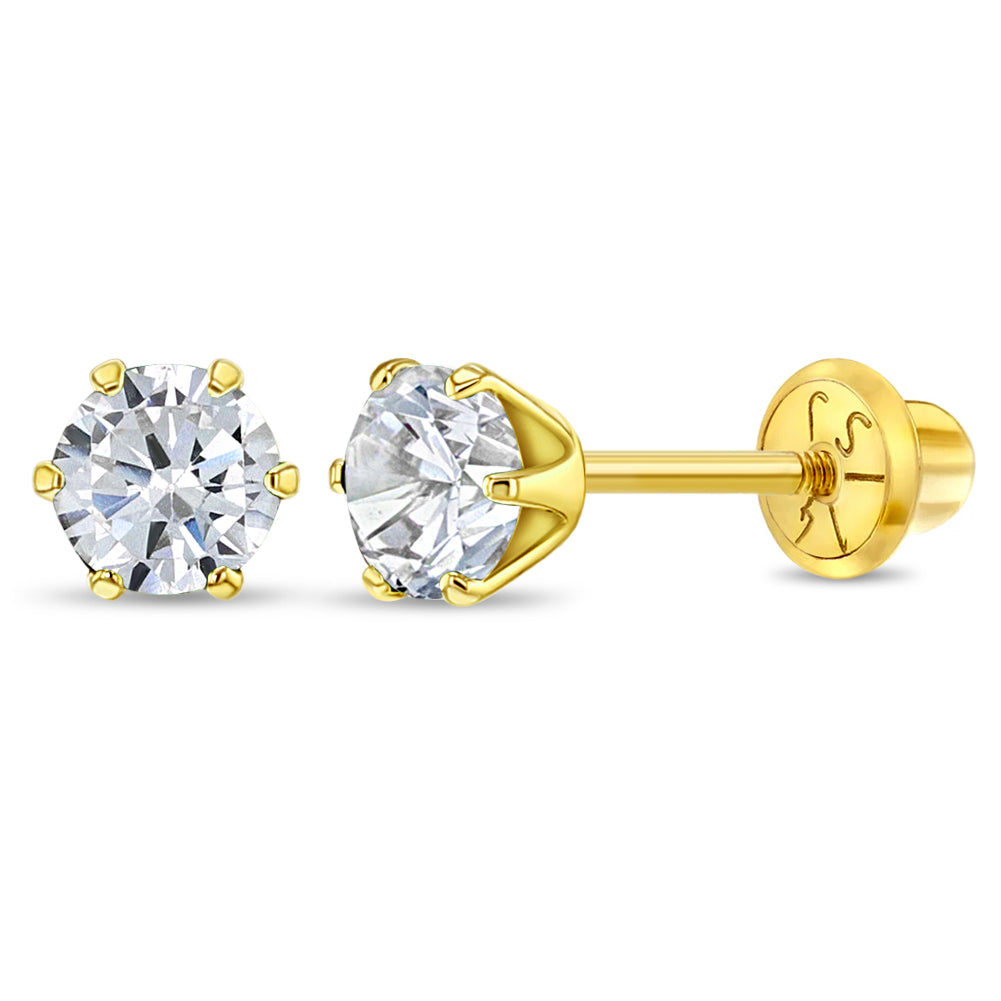 14k Yellow Gold CZ Solitaire Kids April Birthstone Screw Back Earrings