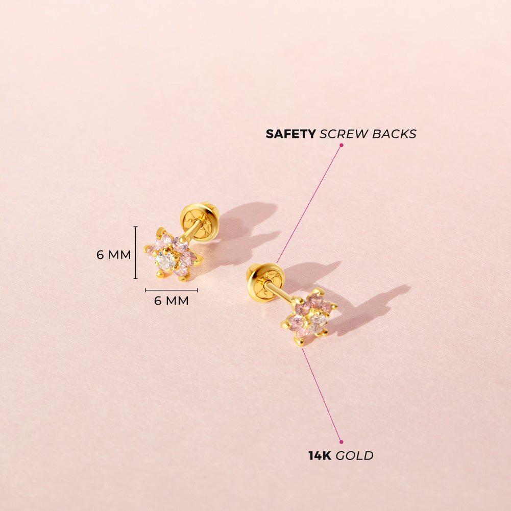 14k Gold Pink CZ Flower Screw Back Kids Earrings