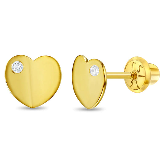 14k Gold CZ Hearts Kids Children's Girls Safety Screw Back Earrings