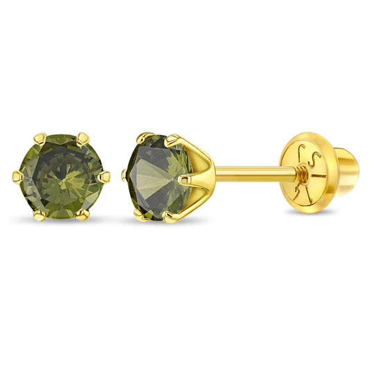 14k Yellow Gold CZ Solitaire Girls August Birthstone Screw Back Earrings