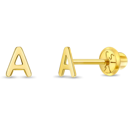 Childrens 14k Gold  Initial Letter A Girls Screw Back Earrings