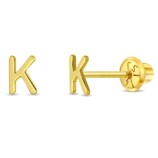 Childrens 14k Gold  Initial Letter K Girls Screw Back Earrings