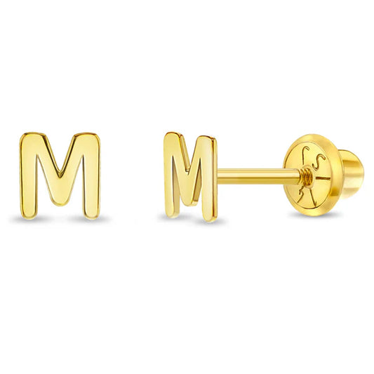 Childrens 14k Gold  Initial Letter M Girls Screw Back Earrings