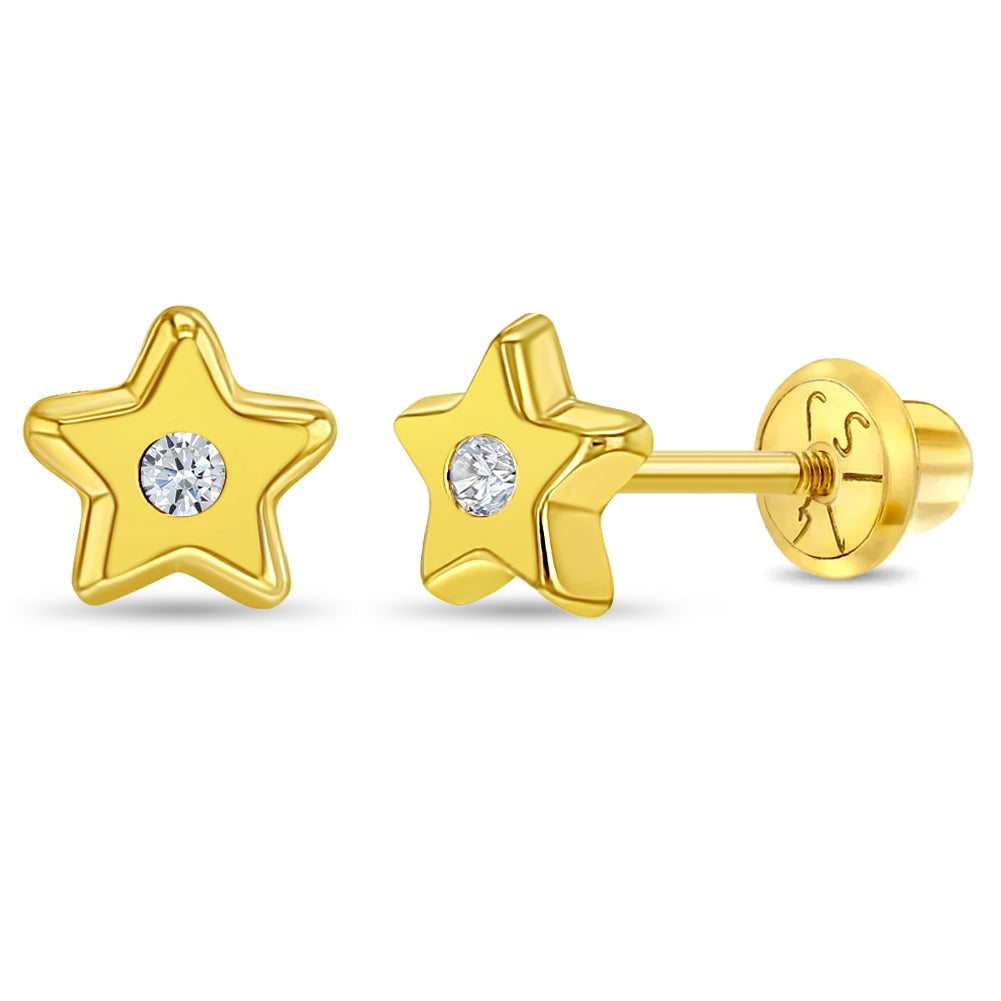 14k Gold Polished CZ Star Kids Screw Back Earrings