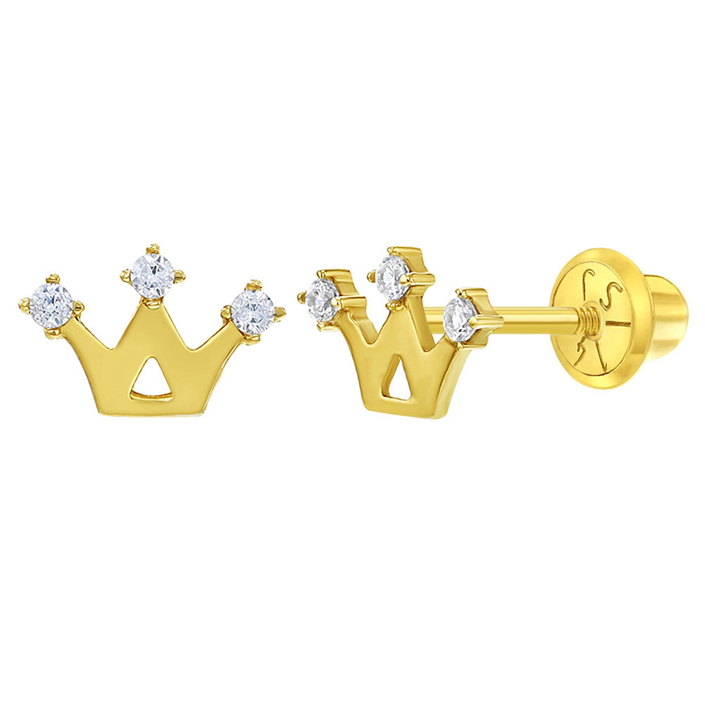 14k Gold Princess Crown Kids Screw Back Earrings