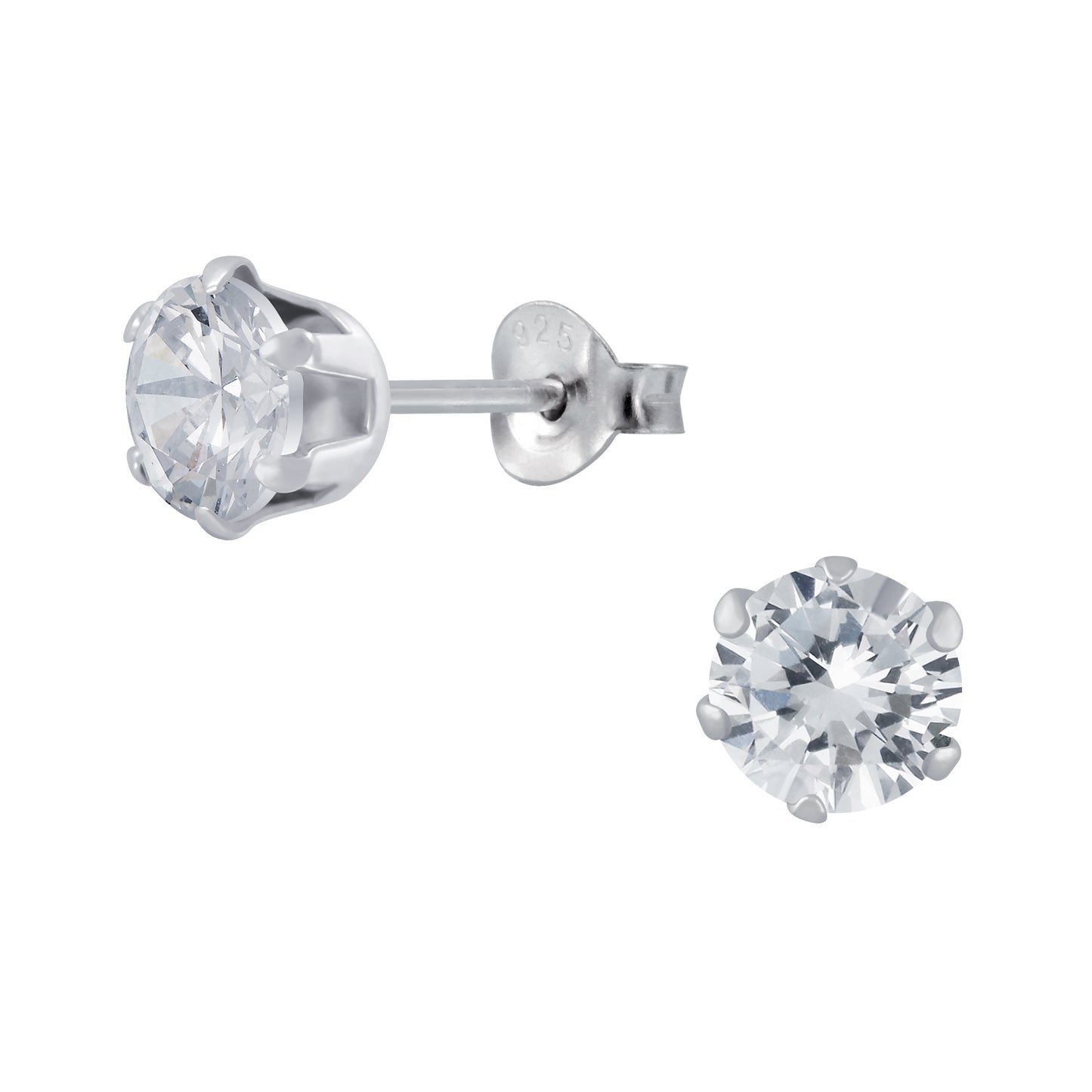 Sterling Silver 6mm Clear CZ Solitaire Stud Earrings