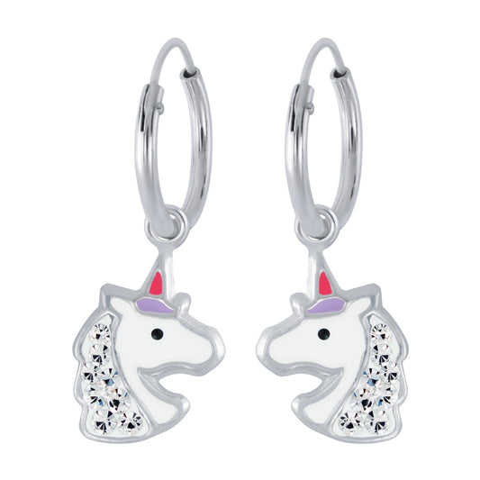 Children's Sterling Silver Crystal Unicorn Hoop Earrings