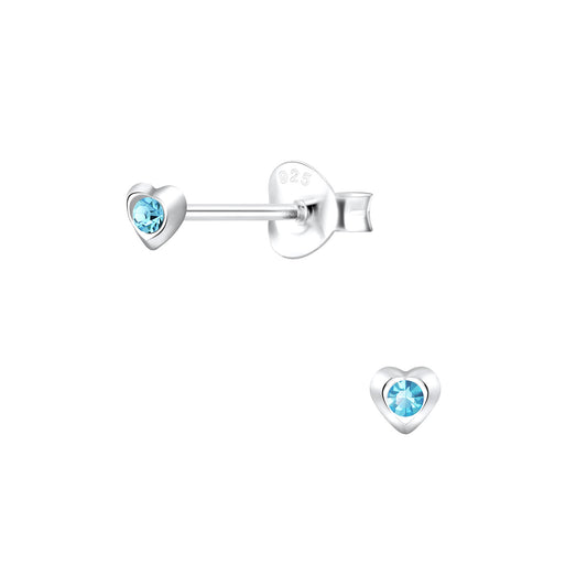 Children's Sterling Silver Tiny 3mm Blue Crystal Heart Stud Earrings