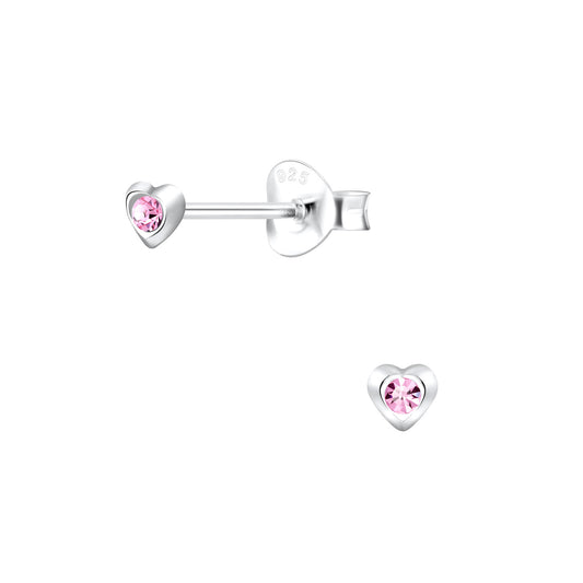 Children's Sterling Silver Tiny Pink Crystal Heart Stud Earrings