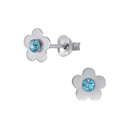 Children's Sterling Silver Aqua Flower Stud Earrings