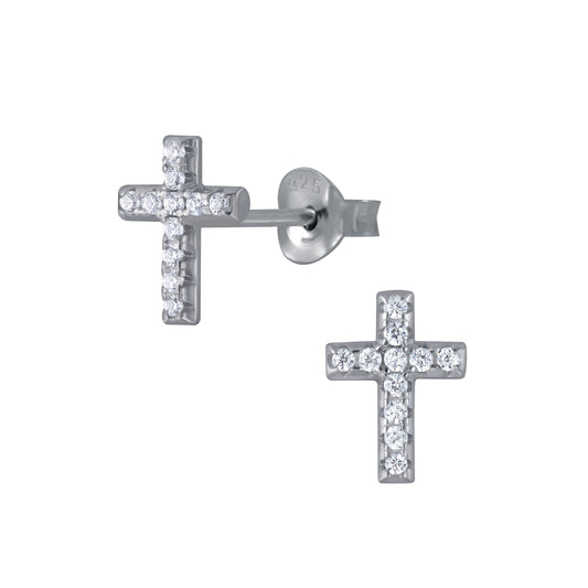 Sterling Silver CZ Cross Stud Earrings