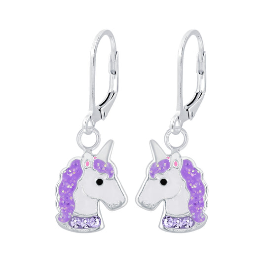 Children's Sterling Silver Sparkly Purple Unicorn Leverback Earrings
