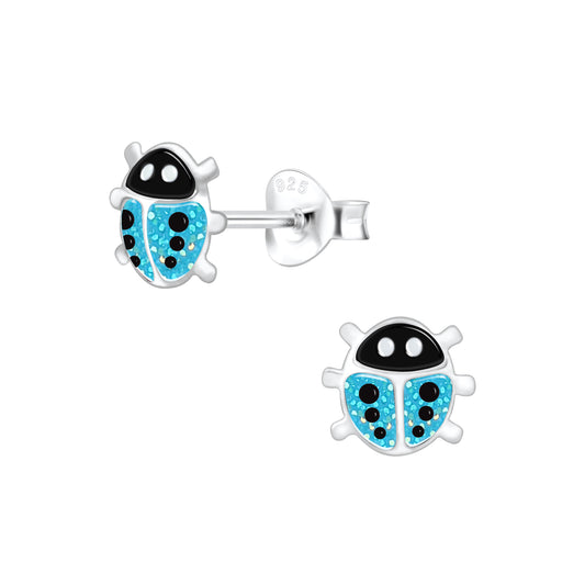 Children's Sterling Silver Sparkly Blue Ladybird Stud Earrings