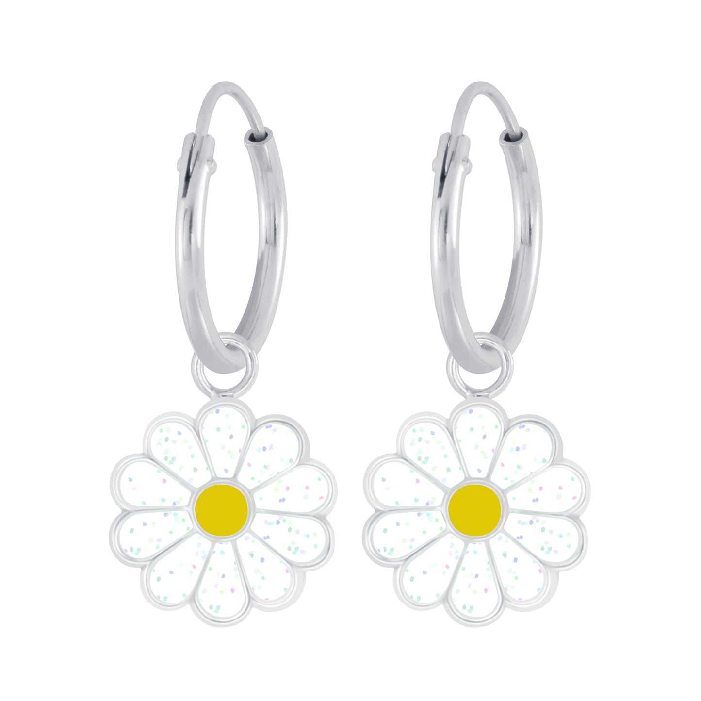 Children's Sterling Silver Daisy Glitter Flower Hoop Earrings