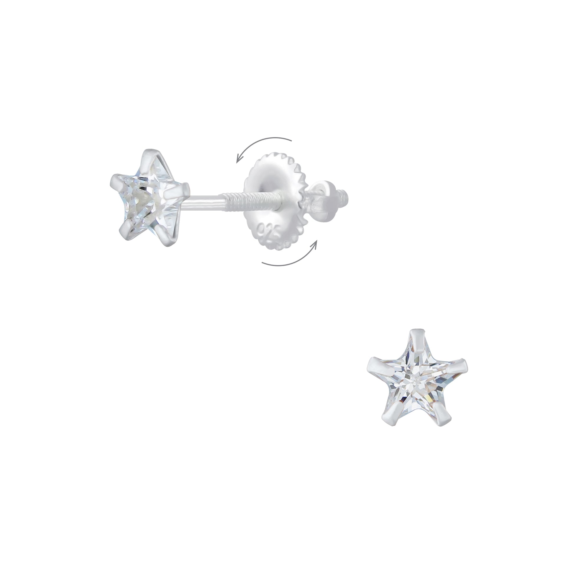 children's sterling silver 4mm cz star screw back earrings
