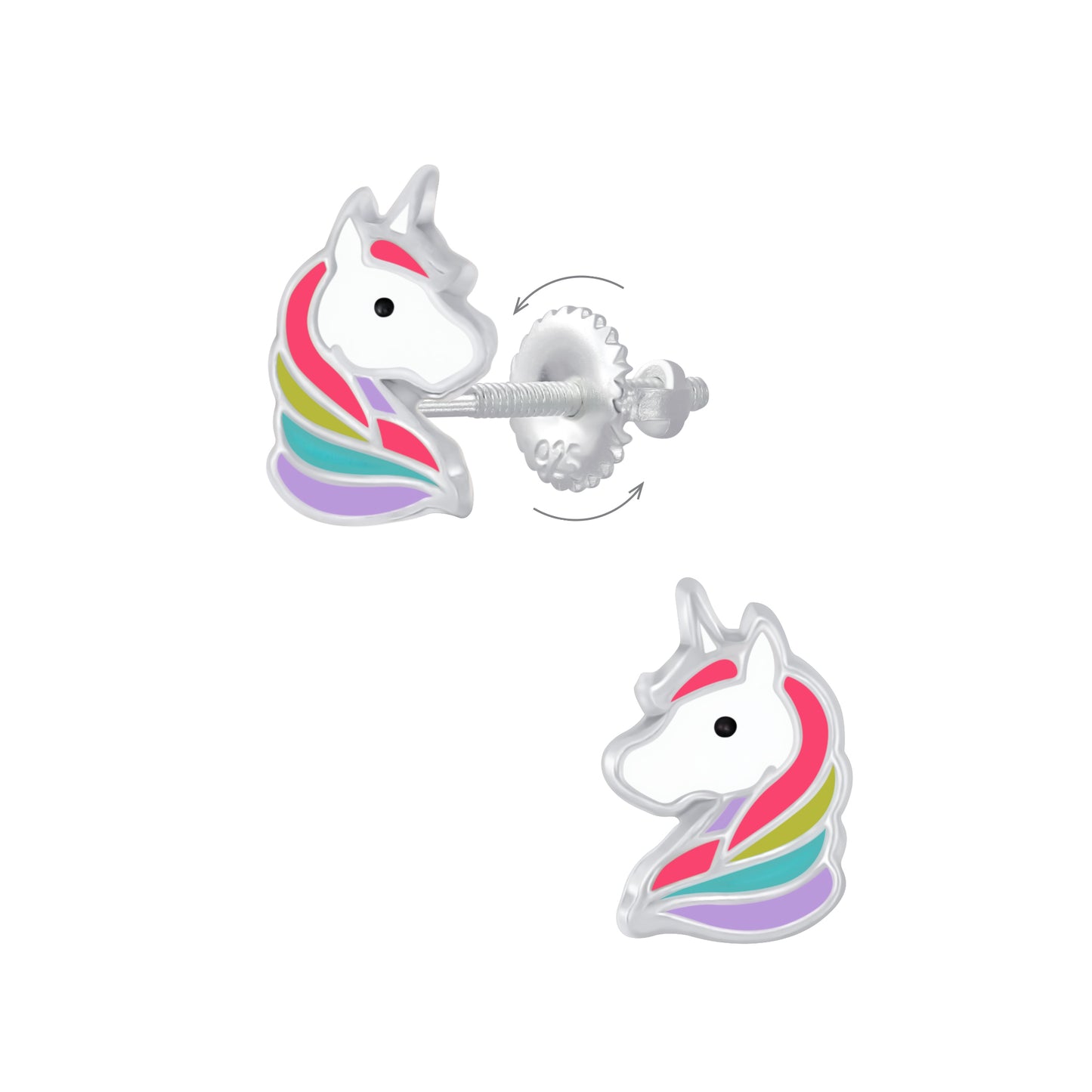 Children's Sterling Silver Colourful Unicorn Screw Back Earrings