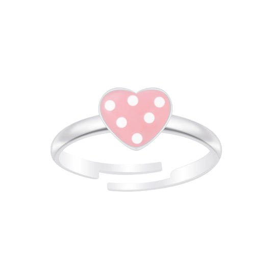 Children's Sterling Silver Adjustable Pink Spotted Heart Ring