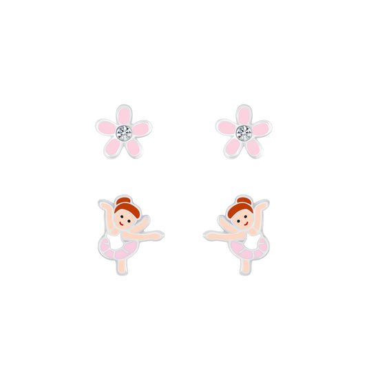 Children's Sterling Silver Ballerina & Flower Stud Earrings Set of 2