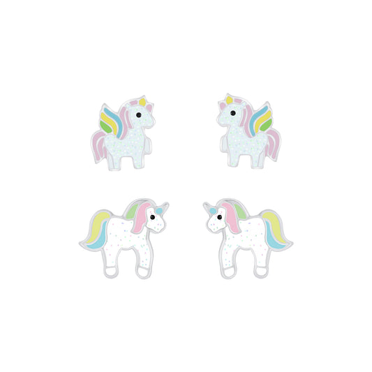 Children's Sterling Silver Sparkly Unicorn Stud Earrings Set of 2