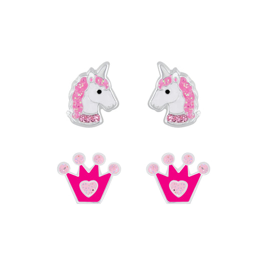 Children's Sterling Silver Unicorn and Crown Stud Earrings Set of 2