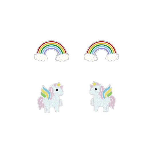 Children's Sterling Silver Set Rainbow & Unicorn Stud Earrings