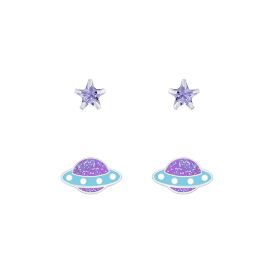 Children's Sterling Silver Planet UFO Earrings Set of 2