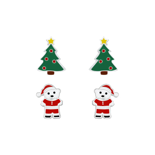 Children's Sterling Silver Christmas Tree & Santa Bear Stud Earrings Set of 2