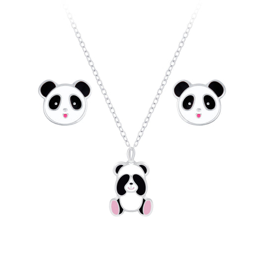 Children's Sterling Silver Panda Necklace & Stud Earrings Set