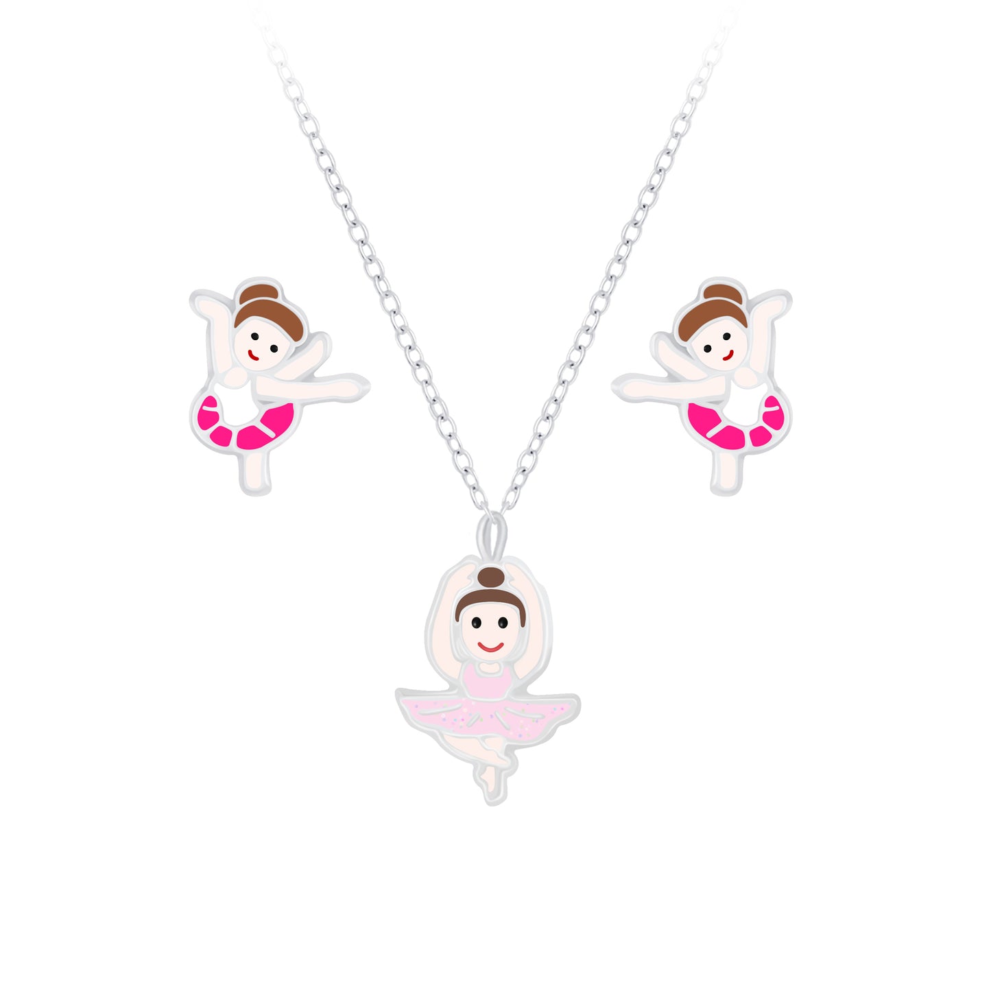 Children's Sterling Silver Ballerina Necklace & Stud Earrings Set