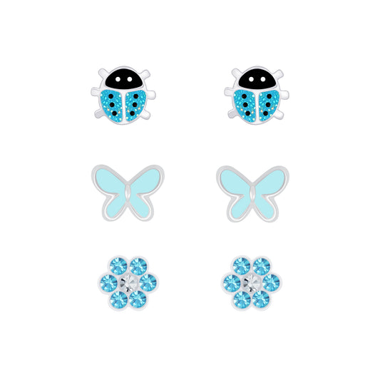 Children's Sterling Silver Set of 3 Pairs Blue Themed Stud Earrings