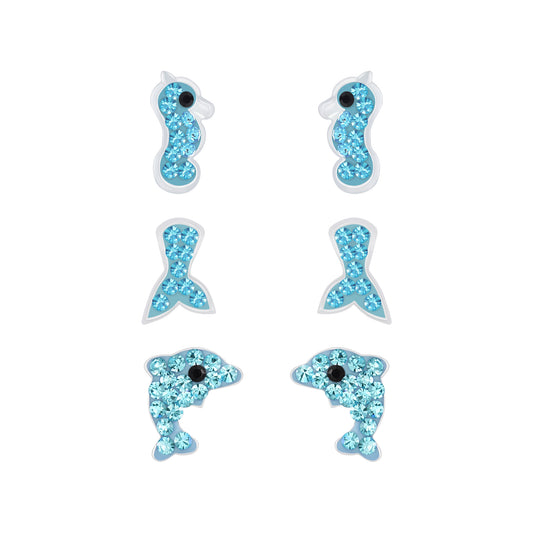 Children's Sterling Silver Set of 3 Pairs Ocean Themed Stud Earrings
