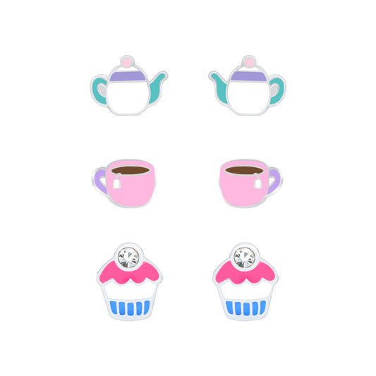 Children's Sterling Silver Set of 3 Pairs Tea Time Themed Stud Earrings