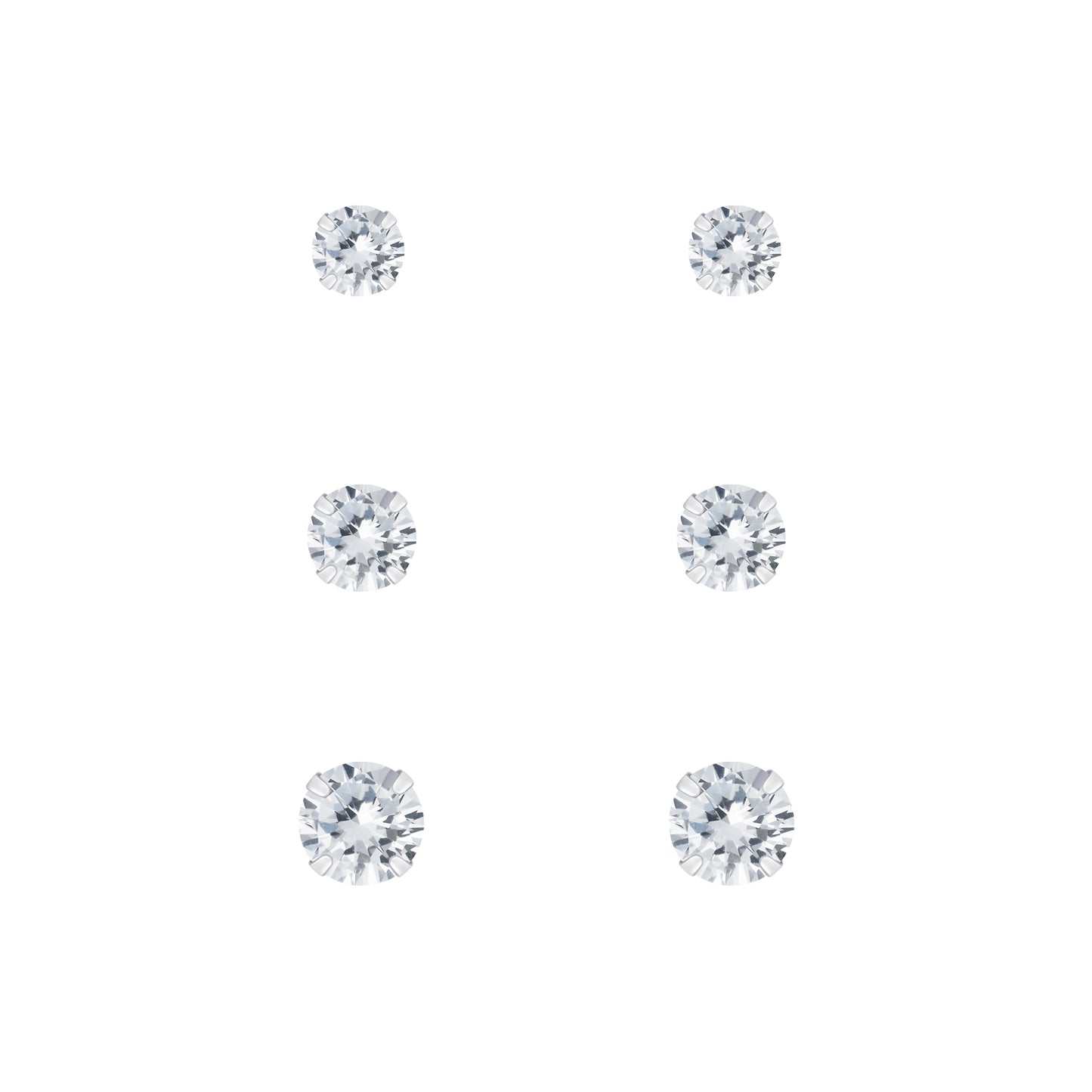 Sterling Silver Cubic Zirconia Round Stud Earring Set 3 4 & 5mm