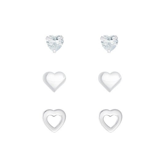 Children's Sterling Silver Heart Stud Earrings Set of 3