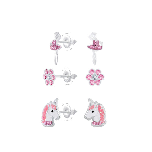 Children's Sterling Silver Unicorn, Ballerina & Flower Stud Earrings Set of 3