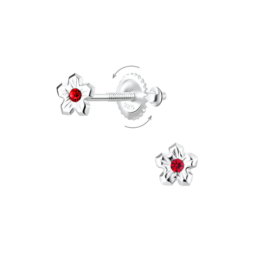 Children's Sterling Silver Red Crystal Flower Tiny Screw Back Earrings