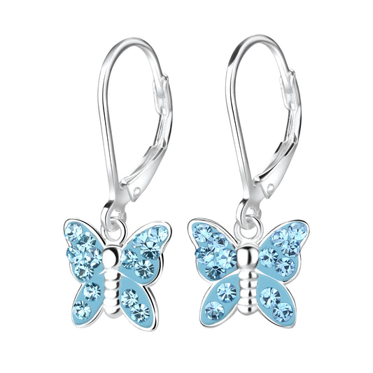 Children's Sterling Silver Aqua Butterfly Leverback Earrings