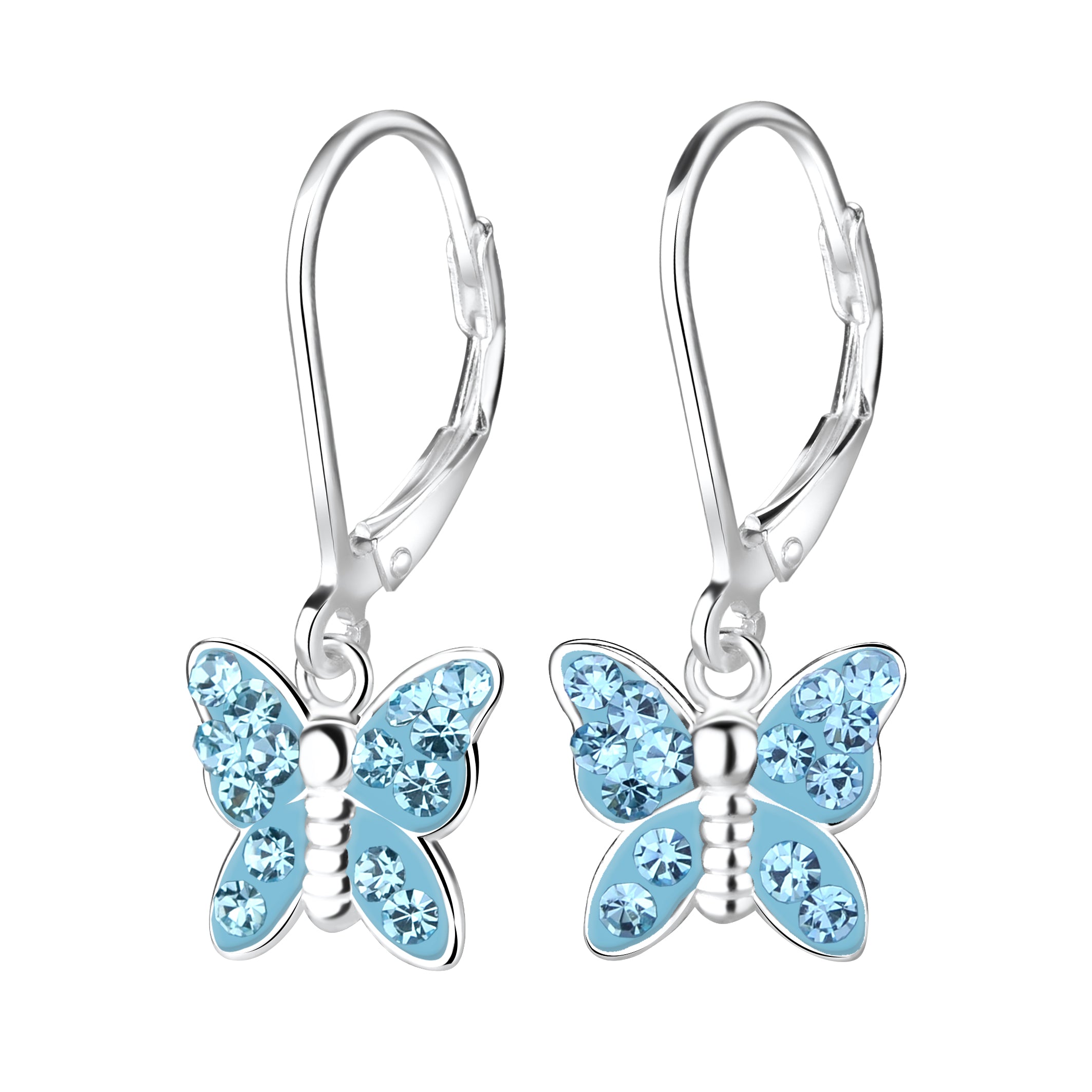 Children's Sterling Silver Aqua Butterfly Leverback Earrings - Melchior Jewellery 