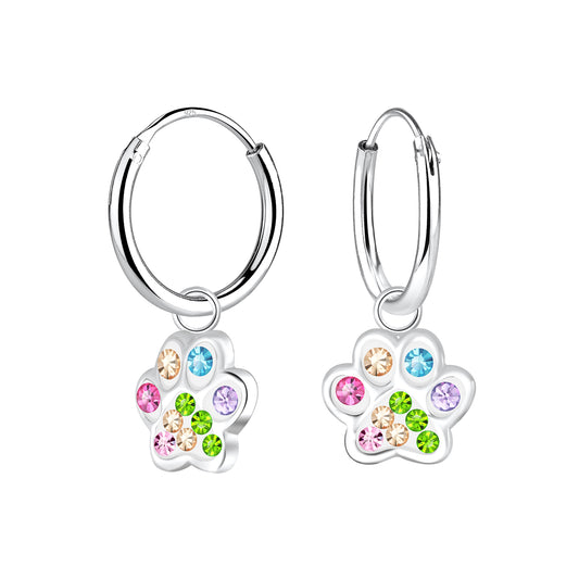 Children's Sterling Silver Crystal Paw Print Hoop Earrings