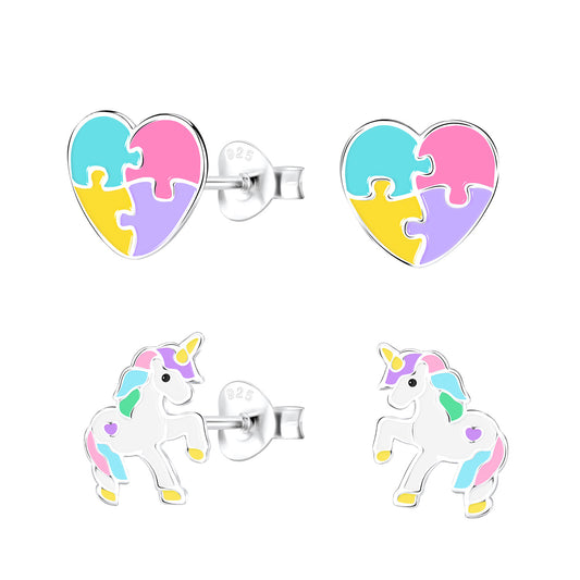 Children's Sterling Silver Unicorn Lovers Stud Earrings Set of  2