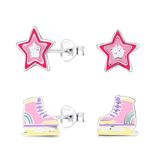 Children's Sterling Silver Set of 2 Pairs Roller Skate & Star Colourful Stud Earrings
