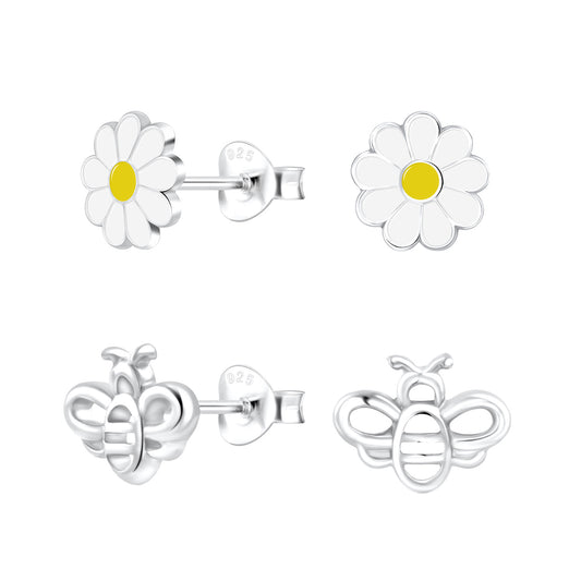 Children's Sterling Silver Daisy Flower & Bee Stud Earrings Set of 2