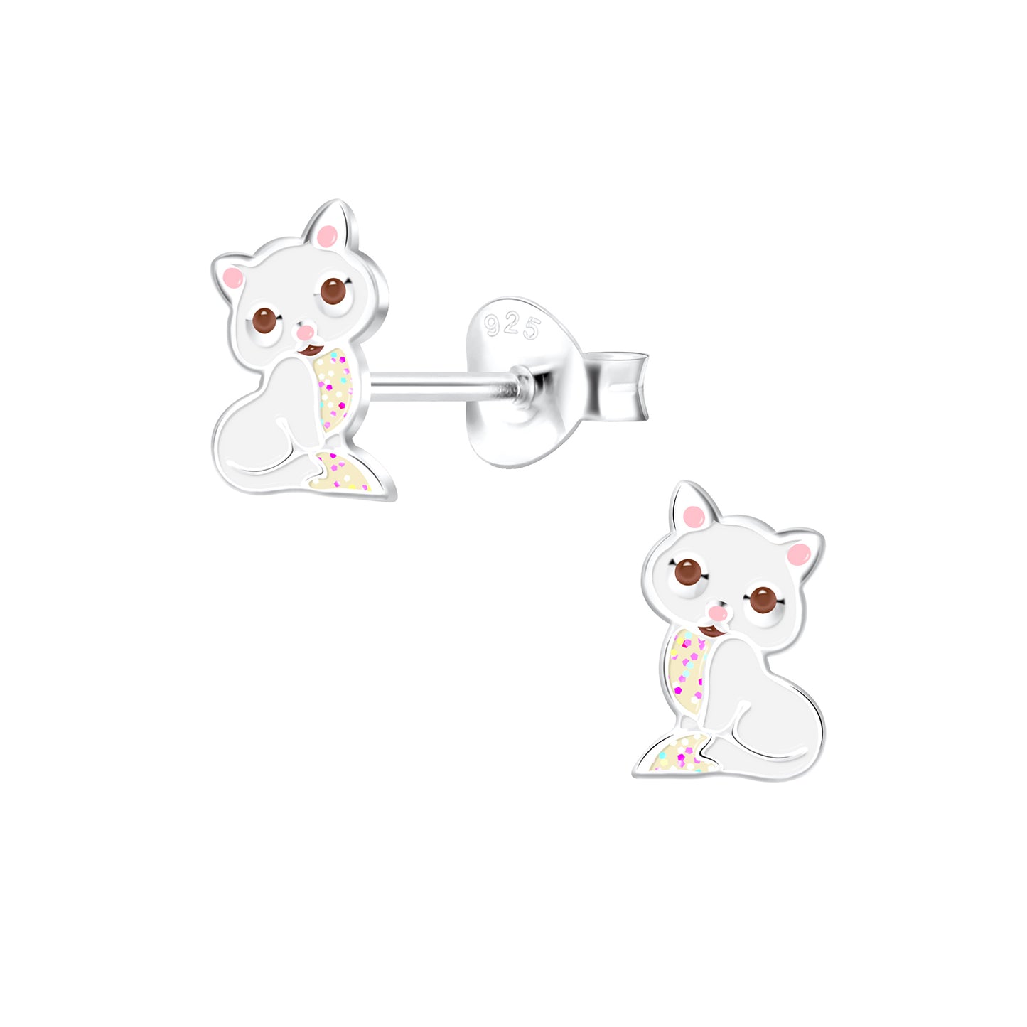 Children's Sterling Silver Cute White Cat Stud Earrings