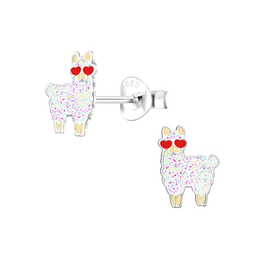Children's Sterling Silver Glitter Llama Stud Earrings