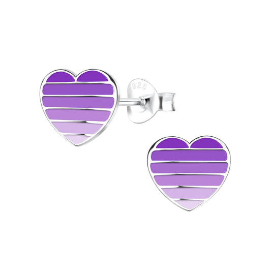 Children's Sterling Silver Purple Striped Heart Stud Earrings