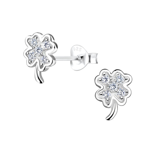 Sterling Silver Lucky Four Leaf Clover CZ Stud Earrings