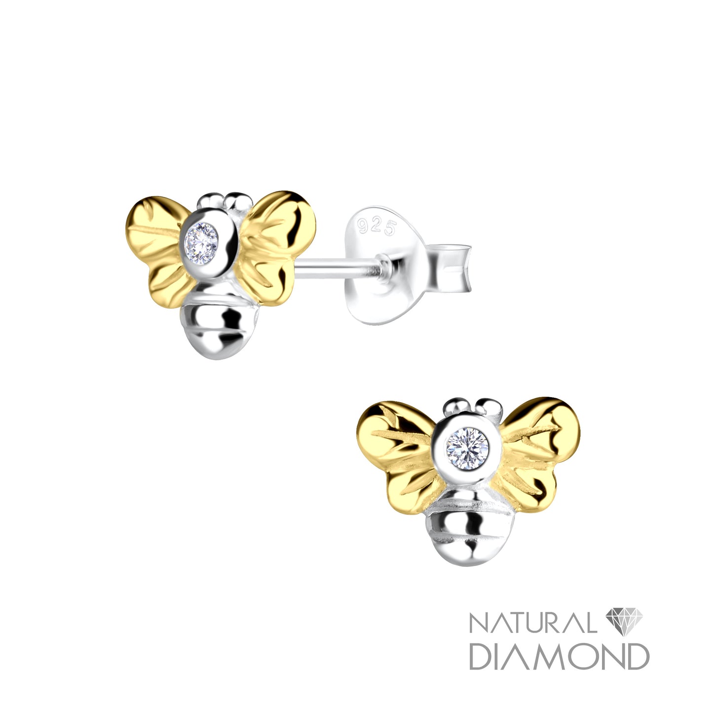 Sterling Silver Bee Stud Earrings With Diamond
