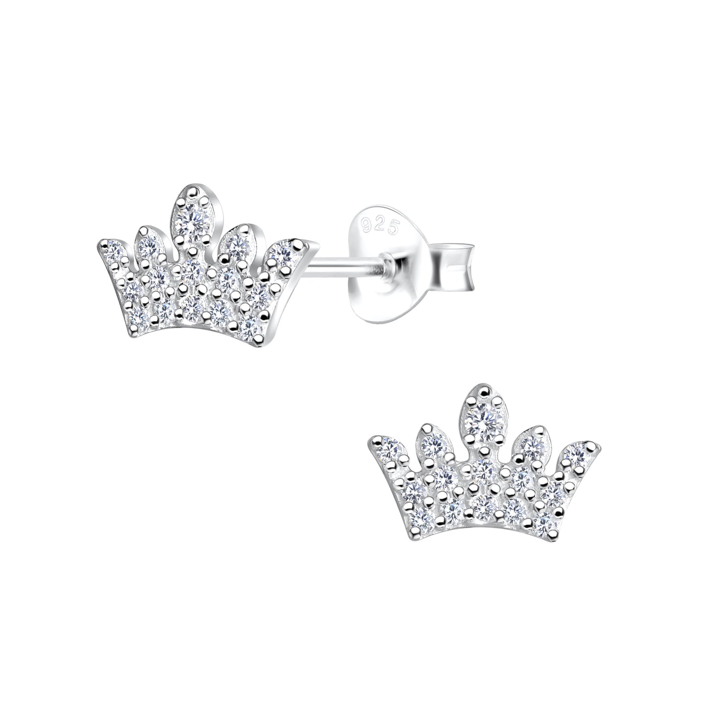 Sterling Silver Princess Crown CZ Stud Earrings